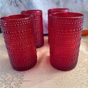 Four Red Textured Glass Tumblers Set